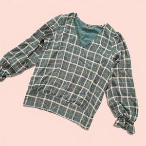 Ann Taylor Teal Plaid V-Neck Blouse Sz M